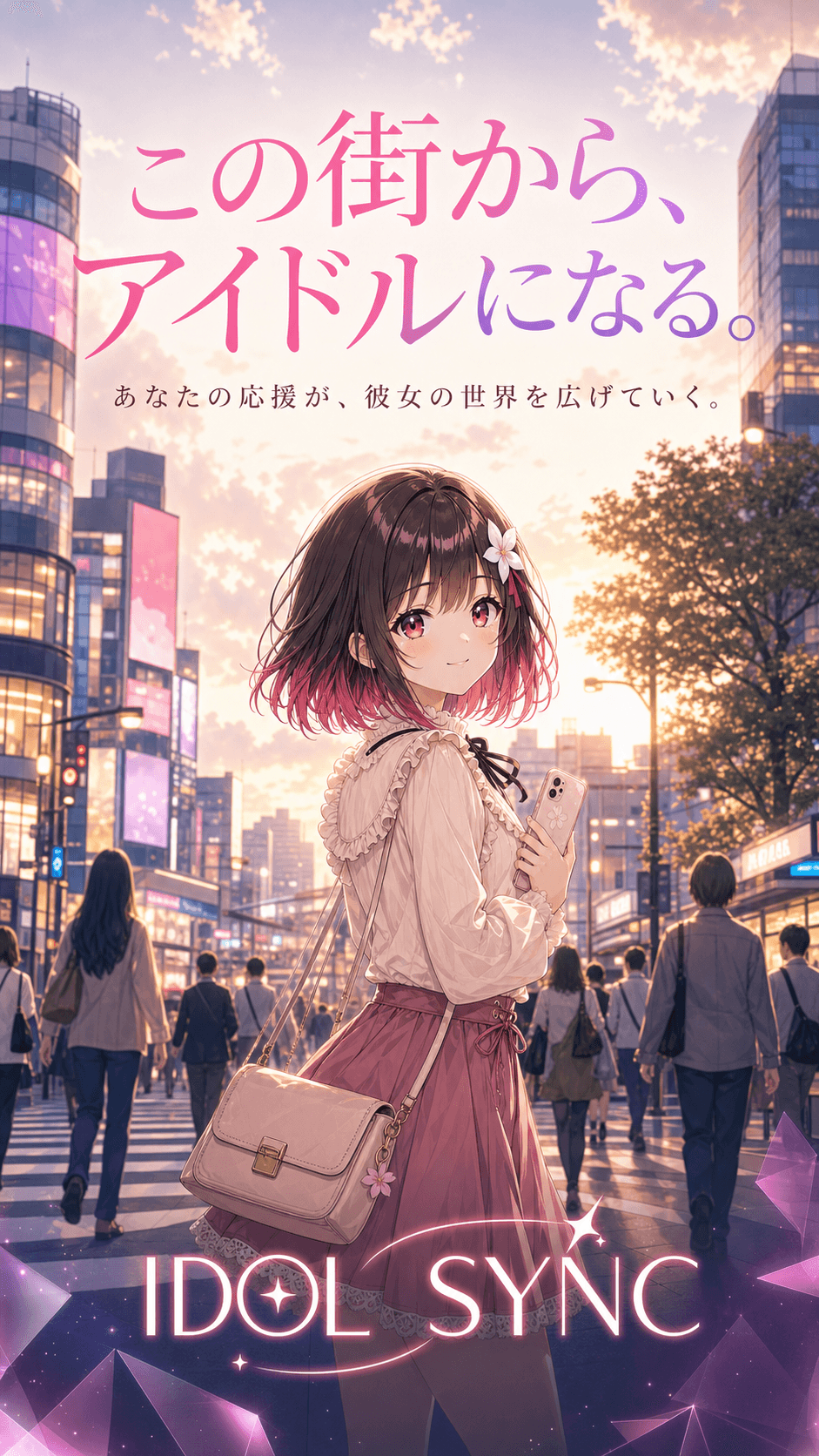 夕暮れの街でこちらを振り返る IDOL SYNC のアイドル